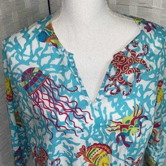 Gretchen Scott Notched Neck Tunic Aquatic Life  Medium  - Picture 2 of 14